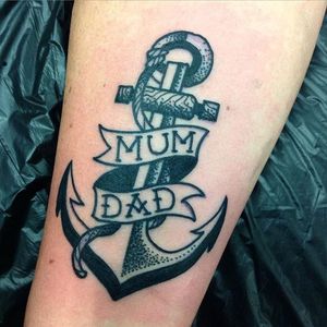 Mum + Dad tribute anchor tattoo by James Ghrey. #traditional #newtraditional #JamesGhrey #mum #dad #tribute #anchor