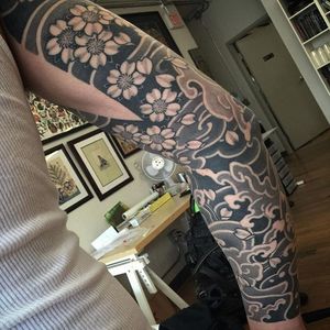 Black and grey cherry blossom sleeve by Drew Flores. #blackandgrey #Japanese #traditionalJapanese #DrewFlores #cherryblossom #sleeve