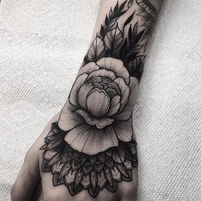 Mandala flower by Nate Silverii #NateSilverii #blackandgrey #mandala #flower #peony #shapes #geometric #ornamental #leaves #nature #pattern #whiteink #dotwork #linework #tattoooftheday