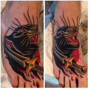 Traditional panther and sword tattoo. Traditional tattoo by Emmet Jace. #traditional #panther #netraditional #sword #EmmetJace