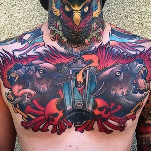 Wolf Chestpiece Tattoo by Jacob Wiman #NeoTraditional #NeoTraditionalTattoos #NeoTraditionalArtist #Wolf #BoldTattoos #JacobWiman