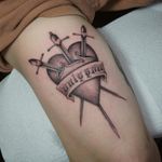Only You tattoo by Ruby Quilter #RubyQuilter #besttattoos #blackandgrey #heart #threeofswords #swords #knives #onlyyou #banner #text #font #love #valentine #oldschool #tattoooftheday