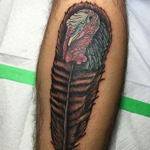 Turkey in a turkey feather. Tattoo by Angel Bond. #doubleexposure #feather #turkey #neotraditional #AngelBond