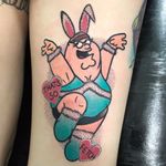Peter still trying to make "fetch" happen by Courtney Lloyd #courtneylloyd #courtneylloydtattoos #petergriffin #newtraditional #color #fetch #familyguy #meangirls #dotwork #bunny #heart #tattoooftheday