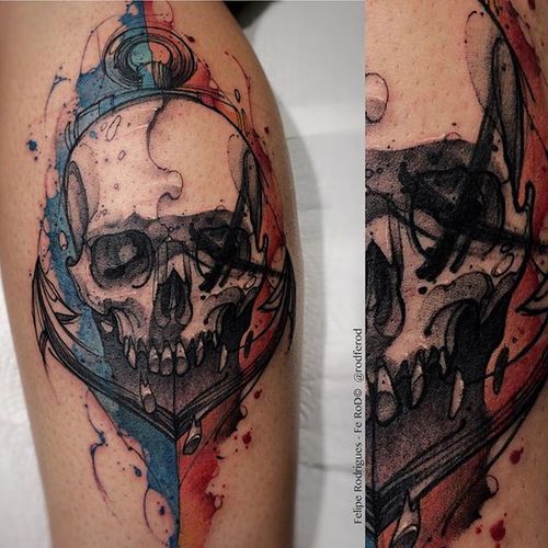 Watercolor Skull Tattoo by Felipe Rodrigues #watercolorskull #watercolor #skull #FelipeRodrigues