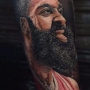 Epic detail on an even more epic beard in this portrait of James Harden Photo from Ronald Horta on Instagram #RonaldHorta #hyperealism #realistic #colombiantattooers #tatuadorescolombianos #portrait #beard #JamesHarden