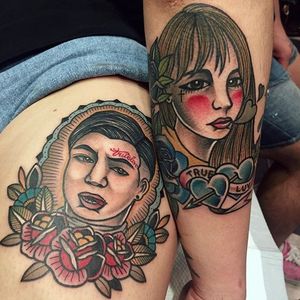 Couple portrait tattoo. #alternative #traditionalamerican #mico #southkoreantattooartist #couple #portrait #lovers