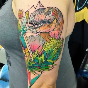Vibrant T-Rex by Katie Shocrylas #KatieShocrylas #watercolor #trex #dinosaur #plant #tattoooftheday