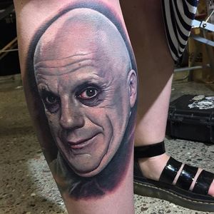 Addams Family Portrait Tattoo by Veronique Imbo @veroniqueimbo #addamsfamily #unclefester #portrait #veroniqueimbo #realisticportrait