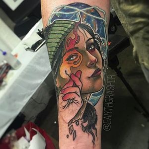 Flame and Girl Tattoo by Jonathan Penchoff @Earthgrasper #Earthgrasper #JonathanPenchoff #Neotraditional #Girl