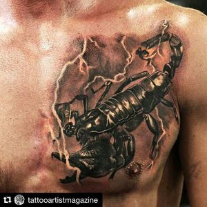 Scorpion chest tattoo by Shine. #ShinhyeKim #Shine #blackandgrey #fineline #scorpion #realistic #realism