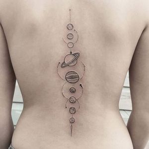 Planets along the spine (via IG—jaycraigtattoo) #Spine #Planets #Ouch