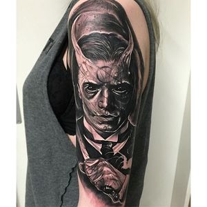 ‘The Picture of Dorian Gray’ tattoo by Anrijs Straume. #AnrijsStraume #trash #darktrashrealism #darktrash #blackandgrey #dark #macabre #horror #apictureofdoriangray #doriangray