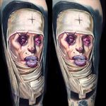 Bruised and scarred nun tattoo by Paul Acker. #PaulAcker #colorrealism #horrorrealism #nun #scary #horrifying #creepy #macabre #portrait #horror