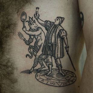 Tattoo by Franco Maldonado #FrancoMaldonado #blackandgrey #illustrative #newtraditional #darkart #surrealistic #linework #trading #woodblock #demon #alchemy #symbols #medieval