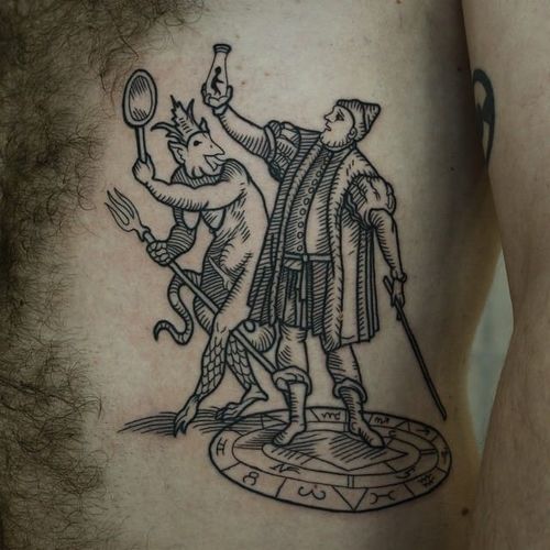 Tattoo by Franco Maldonado #FrancoMaldonado #blackandgrey #illustrative #newtraditional #darkart #surreal #linework #etching #woodblock #demon #alchemy #symbols #medieval