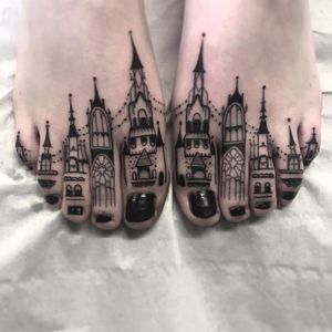 Tower toes by Heidi Furey #HeidiFurey #blackwork #linework #dotwork #castle #tower #buildings #architecture #stainedglass #church #tattoooftheday
