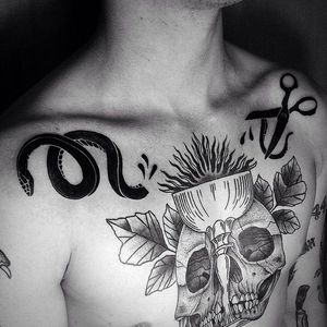 Creative chest piece by Martin Jahn #blackwork #skull #grail #snake #scissor #leaves #dotwork #MartinJahn