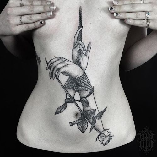 Bondage and rose tattoo by Abby Drielsma. #AbbyDrielsma #blackwork #blckwrk #btattooing #rose #bdsm #bondage