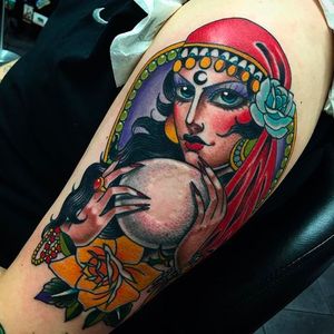 Beautiful Gypsy Lady Tattoo by Xam @XamTheSpaniard #Xam #XamtheSpaniard #Beautiful #Gypsy #Girl #Lady #Traditional #sevendoorstattoo  #London