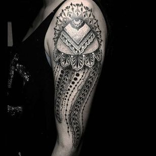 Sacred geometric jellyfish tattoo by ohtanyagee on Instagram. #jellyfish #marine #sacredgeometry #pointillism #blckwrk #blackwork #dotwork #dotshading #dotshade