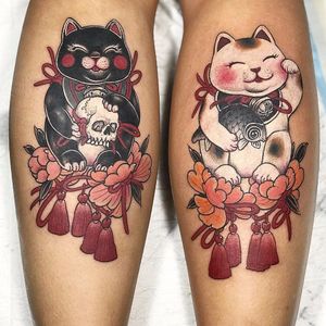 Two sweet lucky cats by Som Nakburin #SomNakburin #Japanese #color #newtraditional #luckycats #cat #peonies #flowers #leaves #nature #skull #fish #goldfish #luck #tassel #bells #cute #tattoooftheday