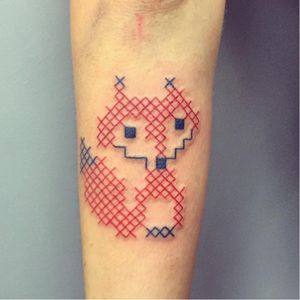 Cross-stitch fox tattoo by Mariette #Mariette #crossstitch #fox #blueink #redink