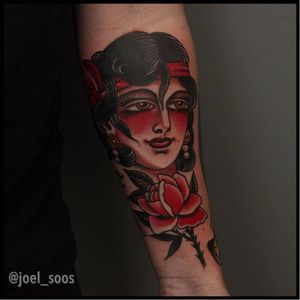 Tattoo by Joel Soos #rosetattoo #JoelSoos #traditionaltattoo