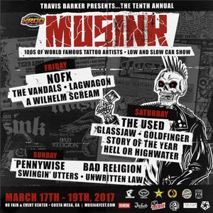 The flyer for the 10th Annual MUSINK tattoo convention (IG—musink_tatfest). #MUSINKTattooConvention #SlownLowCarShow #TravisBarker