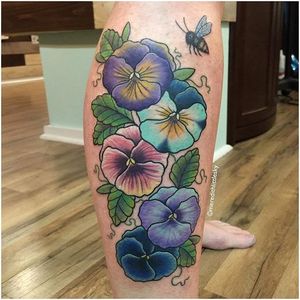 A pansy for each family member. Tattoo by Meredith Little Sky. #flowers #pansy #neotraditional #family #MeredithLittleSky #floral