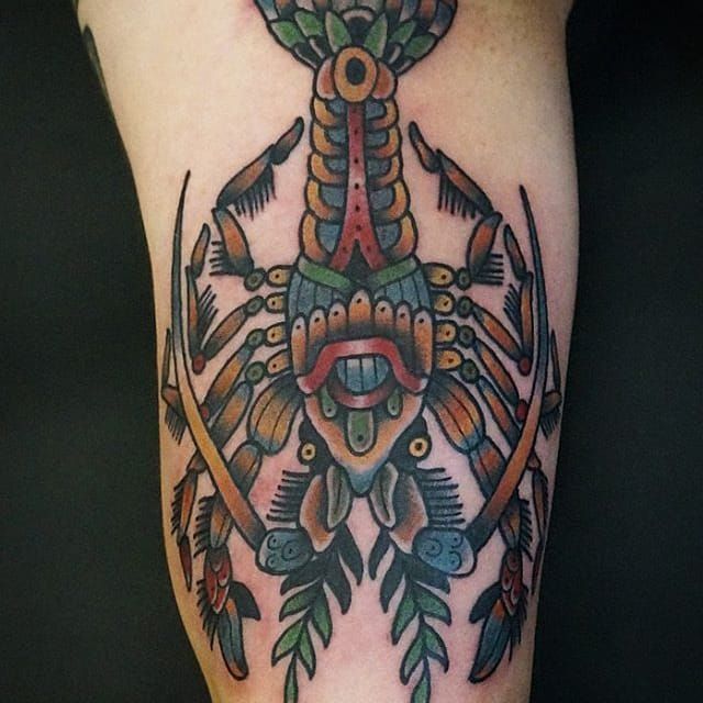 Traditional style lobster tattoo on the calf