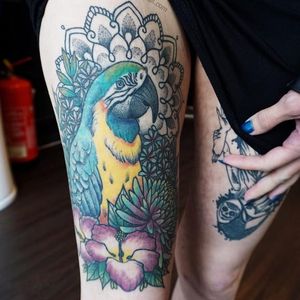 Parrot tattoo by Holly Astral #HollyAstral #parrot #flowers #tropical #mandala