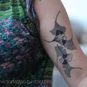 Superb ginkgo leaf tattoo by Victor J. Webster #ginkgo #leaf #VictorJWebster #dotwork #linework