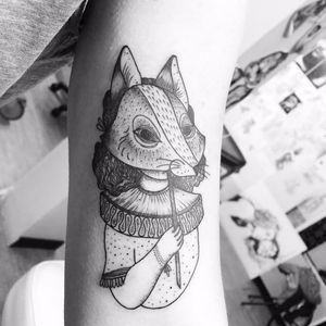Fox mask tattoo by Santa Cara. #SantaCara #mask #blackwork #masked #fox