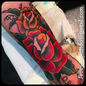 Solid and vibrant rose tattoos done by Jelle Soos. #JelleSoos #SwanseaTattooCo #traditional #bold #roses #rose #traditionalrose