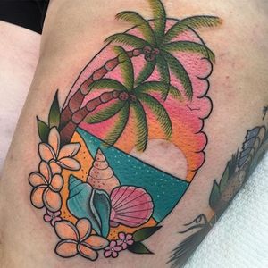 Beach themed neo traditional piece by Clare Clarity. #neotraditional #beach #palmtree #shells #flowers #ClareClarity
