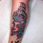 Ship tattoo by Roberto Euán. #colorful #girly #sparkles #sparkly #glittery #pretty #RobertoEuan #goldlagrimas