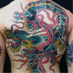 Dragon back piece by Jeb Maykut #JebMaykut #traditional #Japanese #mashup #color #fire #dragon #scales #backpiece #tattoooftheday