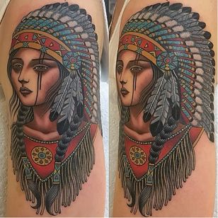 Tatuaje de dama nativa por Lynn Akura #LynnAkura #neotradicional #lady #nativeamerican