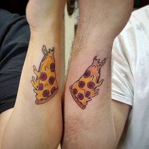 Pizza Tattoo by Elizabeth Avila #matchingtattoos #couplestattoos #couple #ElizabethAvila
