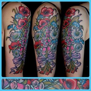 Neo traditional bouquet tattoo by @tippingtattoo. #flowers #bouquet #neotraditional #floral #tippingtattoo