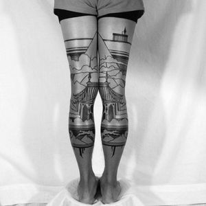 Leg sleeve tattoos by Theives Of Tower (photo from their Instagram) #legsleeve #theivesoftower