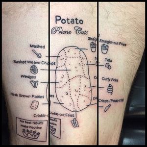 Line work prime cuts of potato illustration tattoo by Erin Bratzier. #linework #blackwork #illustration #potato #vegetable #ErinBratzier