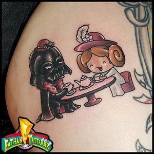 Darth Vader and Princess Leia enjoying a cup of tea. Tattoo by Eathan Langford. #StarWars #PrincessLeia #DarthVader #traditional #cute #EathanLangford #popculture