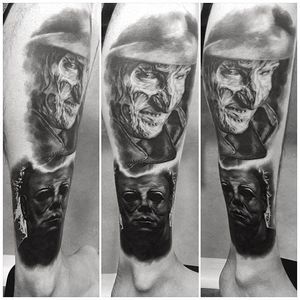 Freddy Krueger and Michael Myers tattoos by Harley Kirkwood. #Halloween #MichaelMyers #realism #blackandgrey #portrait #FreddyKrueger #NightmareOnElmStreet #HarleyKirkwood