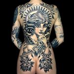 Lovely fortune teller by Gordon Combs #GordonCombs #traditional #blackwork #blackandgrey #portrait #lady #pinup #roses #pattern #cobra #snake #sword #knife #jewelry #scales #ornamental #backpiece #tattoooftheday