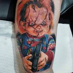 Painterly style Chucky tattoo by Pat Ronin. #Chucky #ChildsPlay #horror #doll #painterly #realism #colorrealism #PatRonin