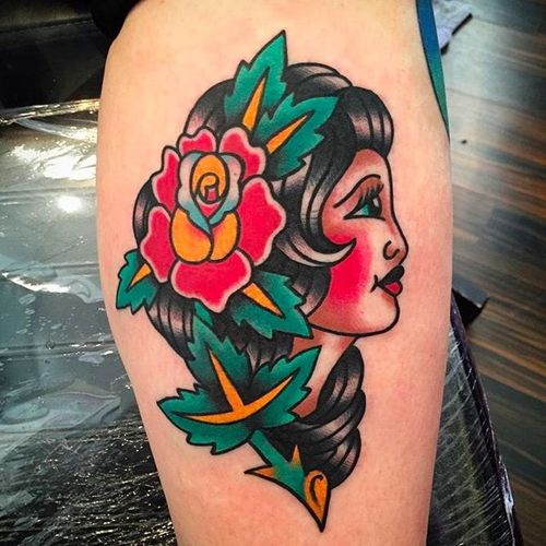 Beautifully done girl's head with rose. Tattoo by Simon Blay. #SimonBlay #TLCtattoo #TraditionalLondonClan #boldtattoos #girl #rose