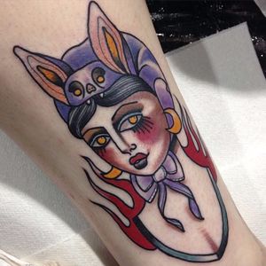 Bat woman tattoo by Jody Dawber. #JodyDawber #tattooartist #uk #england #bat #woman #headdress
