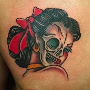 Skull and girl morph tattoo done by Dennis Gutierrez. #DennisGutierrez #LTW #barcelona #girl #girlhead #traditional #skull #morph